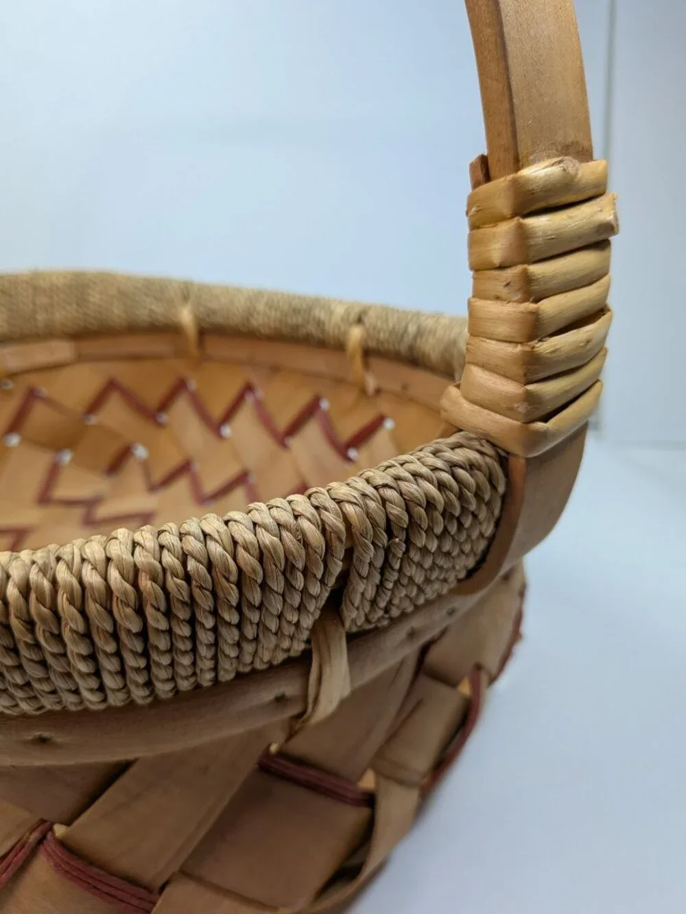 Vintage Mixed Media Decorative Basket Solid Wood Handle Nailed Construction